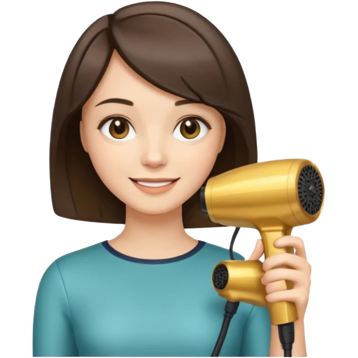 brunette bob girl hair stylist holding a golden hair dryer emoji