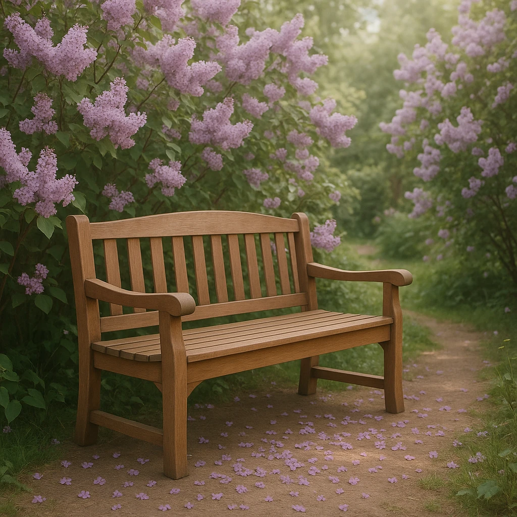 A simple garden bench with lilac flowers growing around it, petals scattered on the ground, tranquil mood emoji
