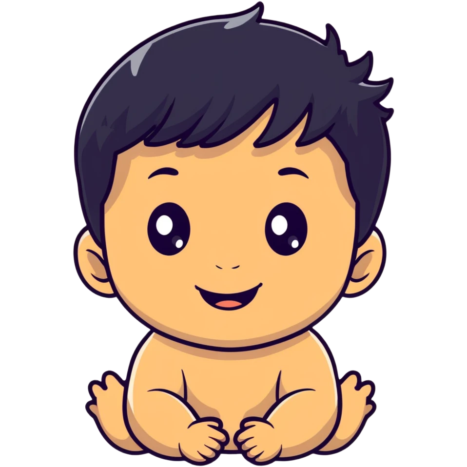 Smiling baby boy face with big eyes, medium skin tone, and black hair emoji