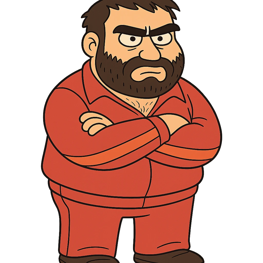Recep İvedik, comedic Turkish character with bushy mustache, thick eyebrows, red tracksuit, looking grumpy and expressive, cartoon style emoji