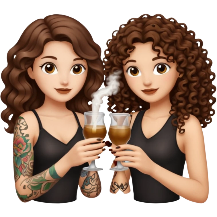 vial cheers — long wavy brown hair tattooed woman and short tight curly brown hair woman — clink potions emoji