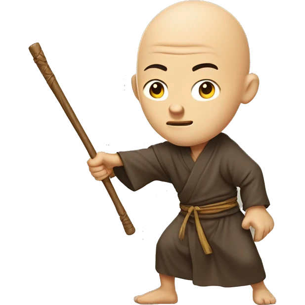 An illustration of a bald monk in traditional robes, mid-action, wielding a wooden staff. He strikes with precision, showing focus and strength, in a cartoon-like style emoji