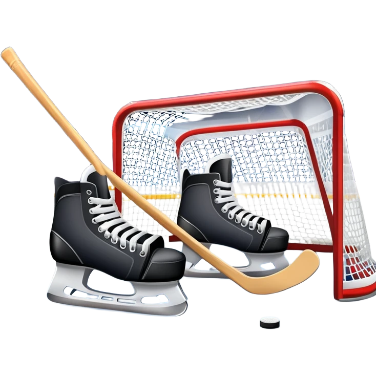 An icon showing a close-up of a hockey stick, puck, skates, and hockey net placed on the ice. The background features a packed stadium with bright lights, cheering fans, and snowy scenery outside. Transparent background highlights the key elements of the game. emoji