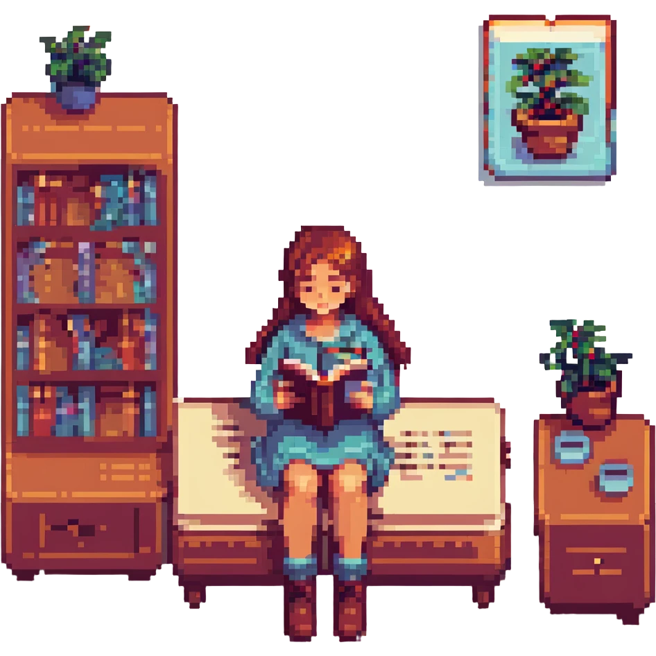 girl reading a book, pixel art style, retro video game aesthetic emoji