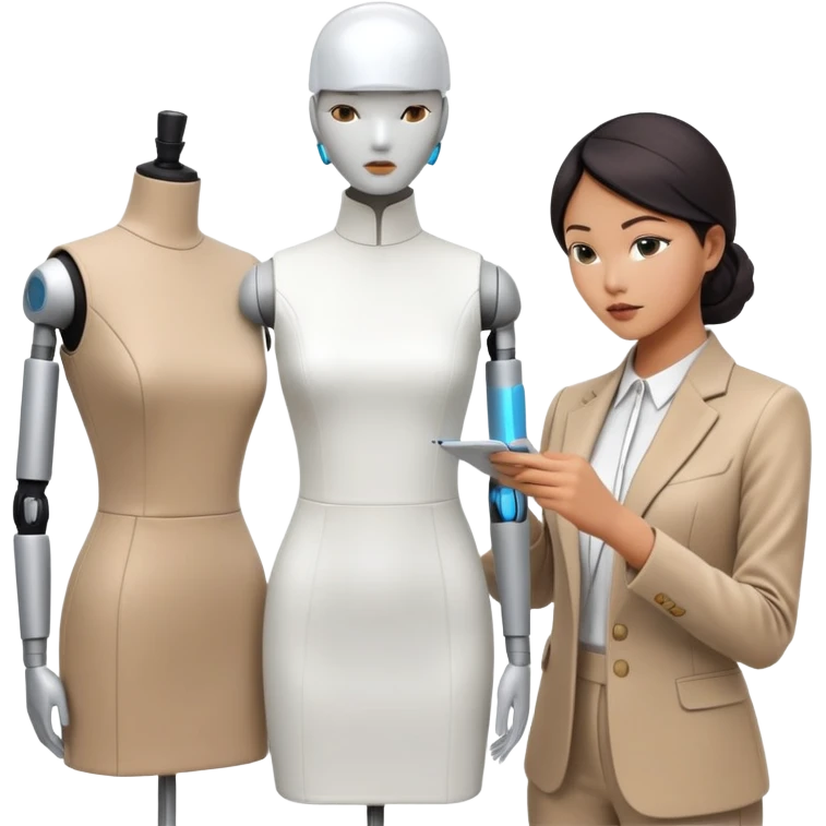asian female clothing designer, designing futuristic clothing on a headless mannequin emoji