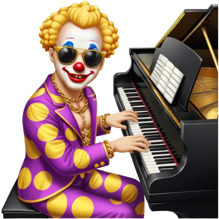 Clown with big golden chain on the neck wearing sunglasses plays piano full height emoji