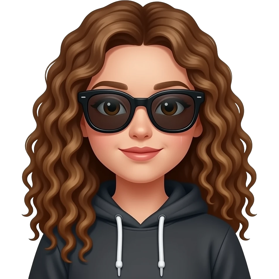 a  girl with pale skin, curly longbrown hair and wayferer sunglasses with black frame. who wears a hoodie emoji