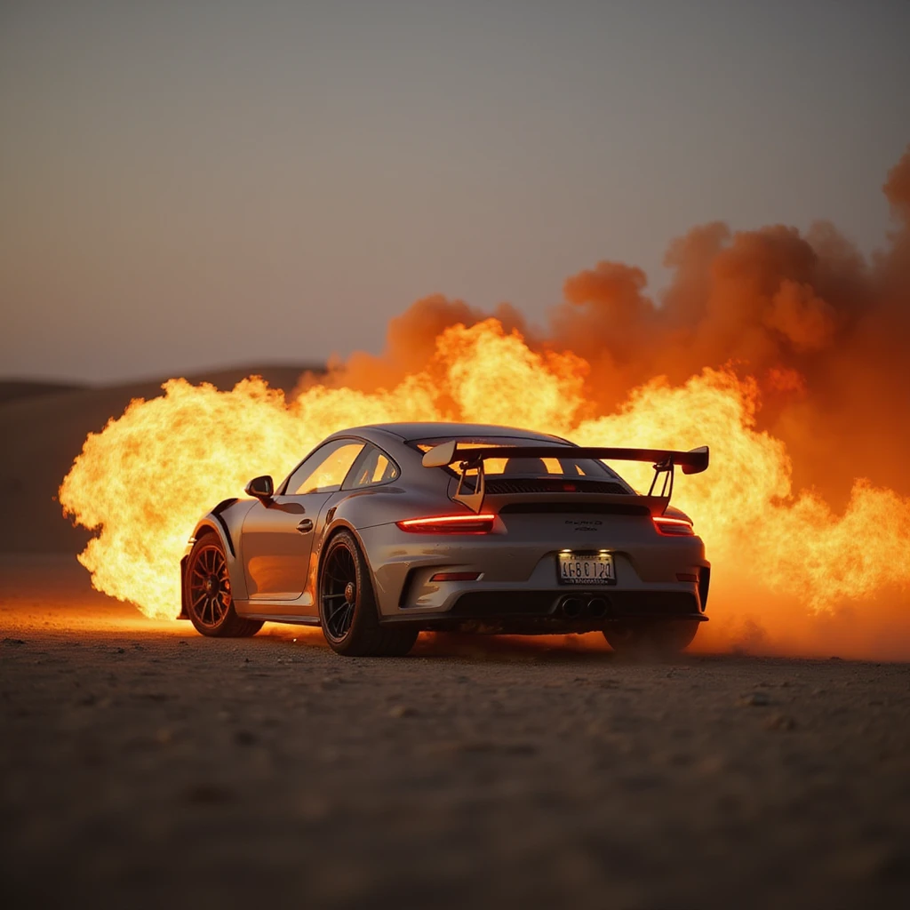 Cinematic shot, Porsche 911 gt3 rs in fire, desert emoji