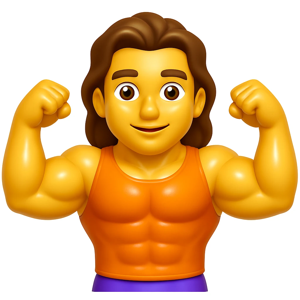 Create an emoji that looks exactly like the reference image in iOS emoji style. The emoji should have 3D appearance, shiny surface, smooth gradients, soft shadows, a muscular body, an expressive face, and hair. Add a glossy effect to the skin while preserving the iOS emoji style. emoji