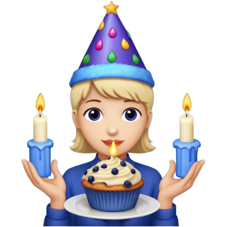 Blueberry Muffin celebrating birthday. Make sure it actually looks like a muffin with candles. Somebody holding it with party hat  emoji