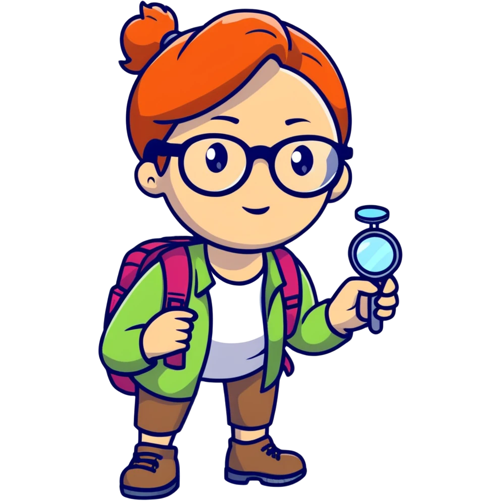 Adventurous woman scientist in her late 30s, glasses, vibrant hiking gear, examining with one magnifying glass, bold colorful style emoji