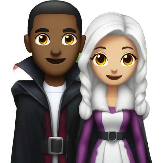 a male vampire next to his lightskin girlfriend in front of a christmas tree emoji