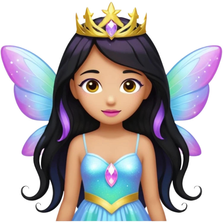 Earthreal sparkly angelic mystical magical shiny pretty Fairy. Caramel skin. Long black hair. White, hot pink and light blue and lavender and light green and light yellow  emoji