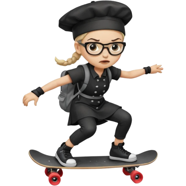 ["An angry woman with light skin, ponytail, wearing a chef hat and square glasses, dressed in goth fashion, is skateboarding while holding a backpack."] emoji