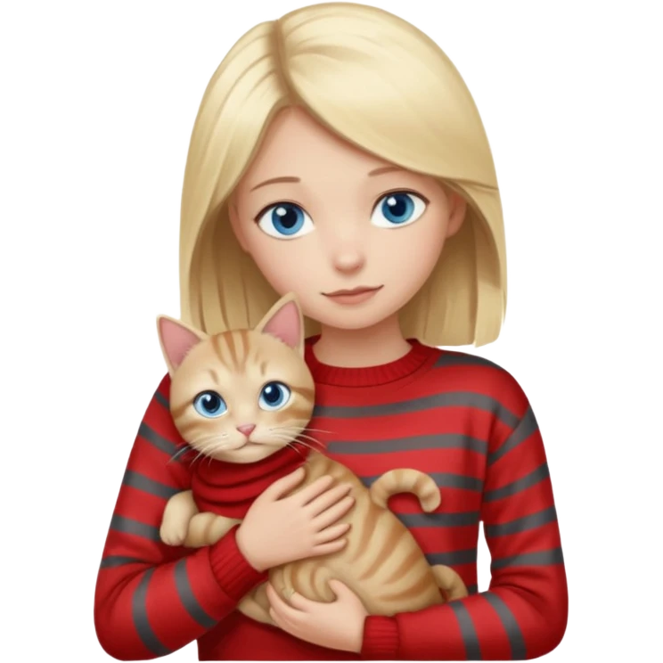 Blonde girl with blue eyes in red sweater cuddling with light grey tabby cat with dark grey stripes emoji