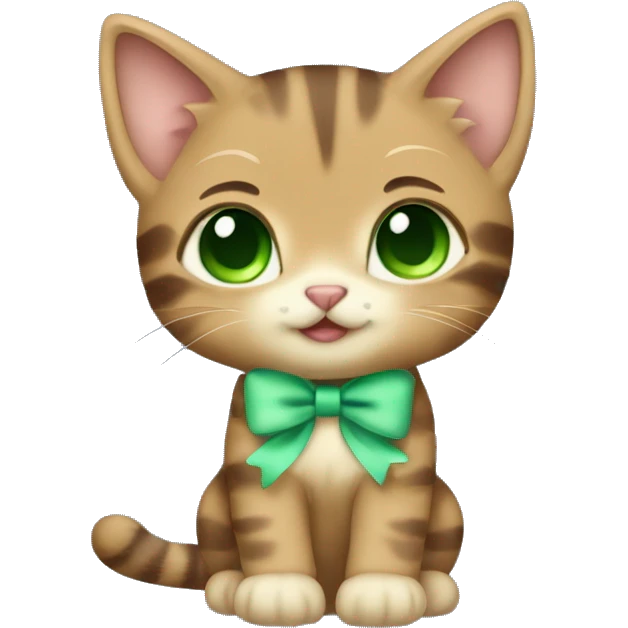 extremely cute kawaii brown tabby kitten with green eyes and pastel green bow full body emoji