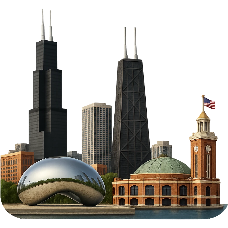 cinematic, realistic emoji of Chicago, wide city view featuring only real, iconic landmarks including Willis Tower, John Hancock Center, Navy Pier, and Cloud Gate (the Bean), lifelike detail, accurate colors, bright daytime lighting, fully transparent background, no sky, no clouds, no imaginary or generic buildings emoji