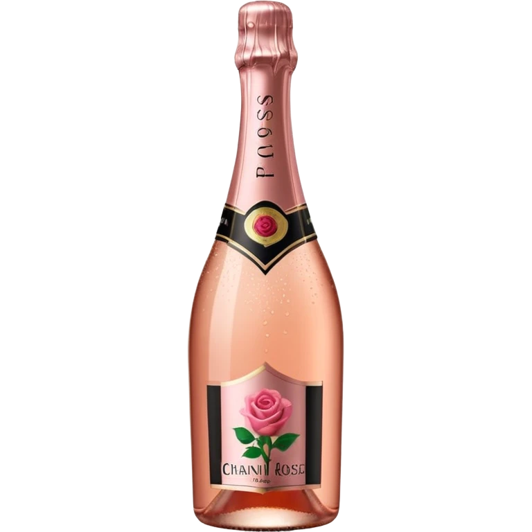 bottle of sparkling rosé champagne with a rose logo on the label, tilted up and to the right, no glass emoji