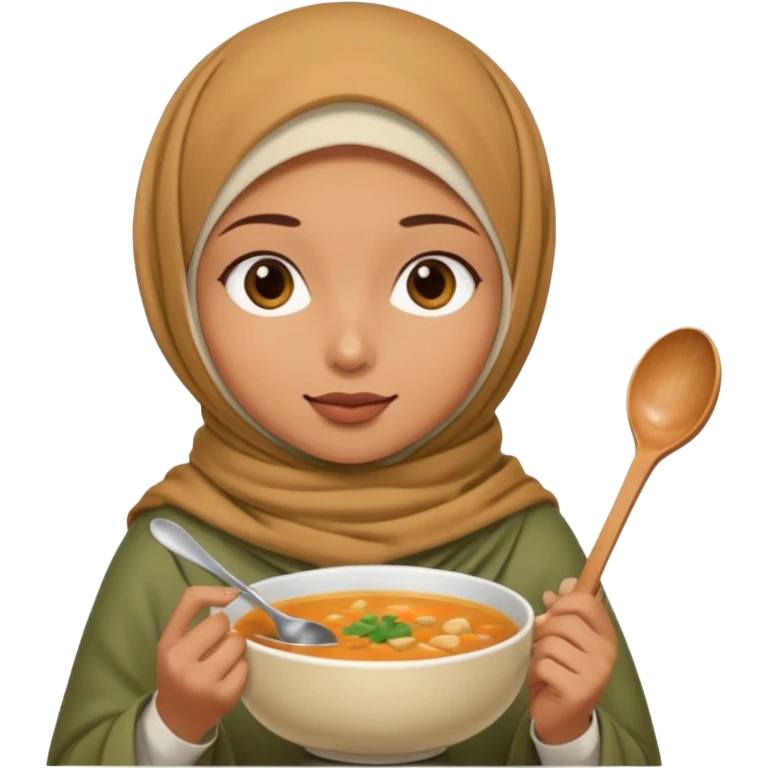 a woman wearing a pashmina hijab is eating while holding a spoon emoji