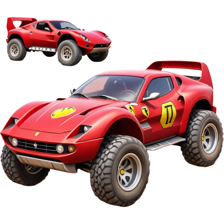 Satan’s and Barbie’s Ferrari -colored Dirty and dented Local Motors Rally Fighter off road race car hot rod trophy truck-style basher flying on a dusty road (silver wheels) emoji