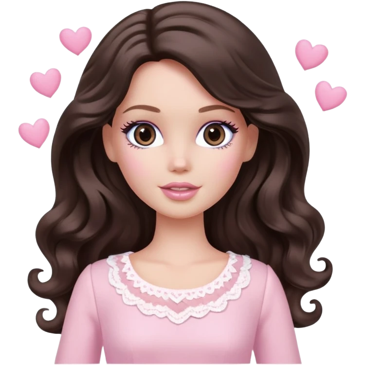 A white Barbie girl with long dark brown wavy hair in pale pink clothes have pale pink hearts instead of eyes emoji