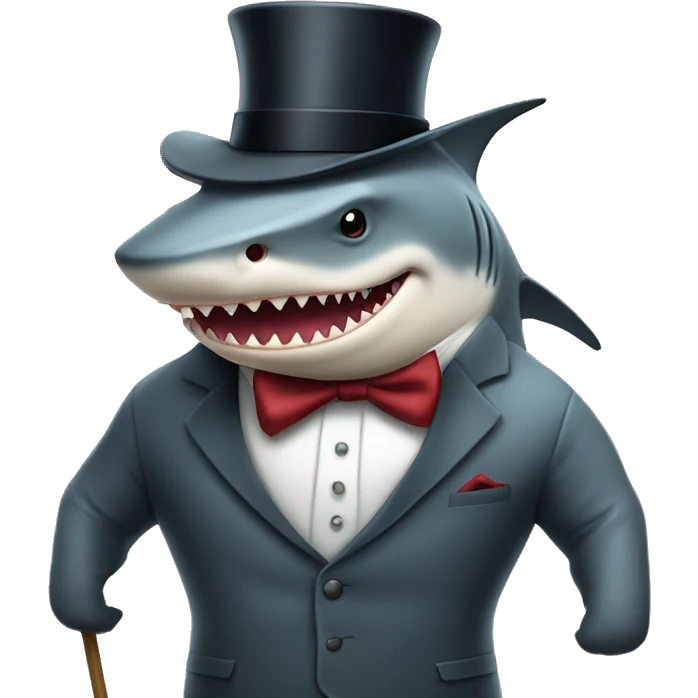 Bull shark standing up wearing 3 piece suit with top hat and cane emoji