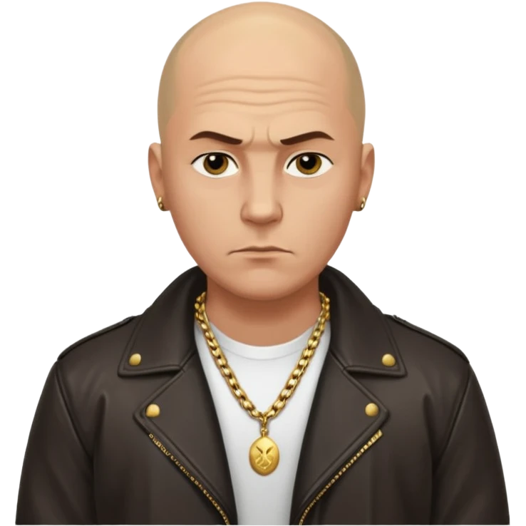 Bald Russian 1990s gangster emoji, leather jacket, , serious face emoji