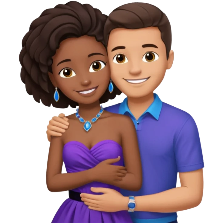 Tan brunette European male in blue shirt smiling and hugging a jet black African girl in purple strapless dress and blue jewelry emoji
