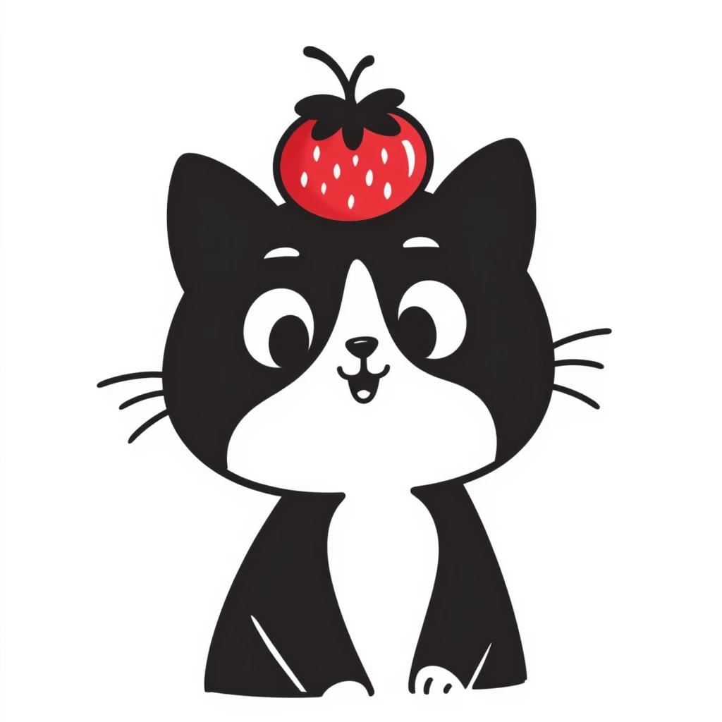 hand drawn doodle of a cat with a strawberry on its head emoji