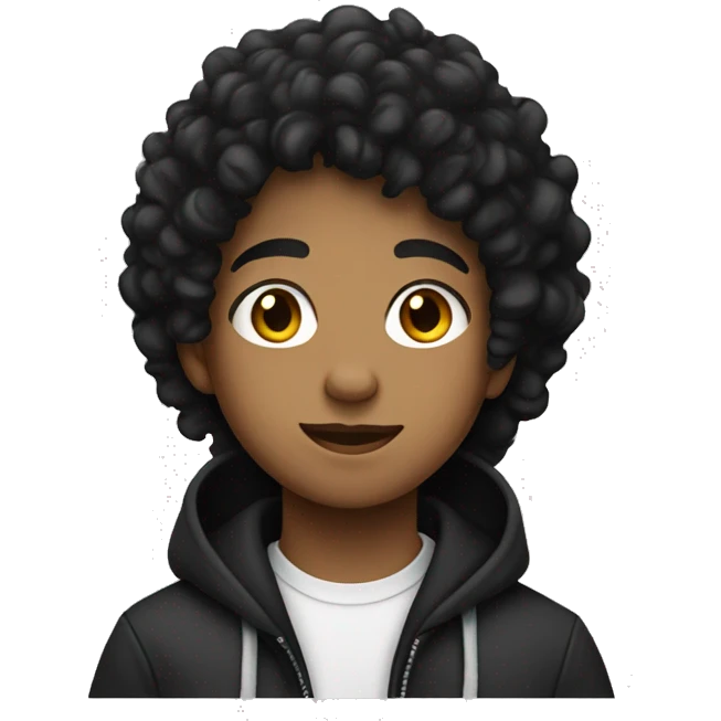 A teen with curly black hair that’s mixed and has a black hoodie emoji