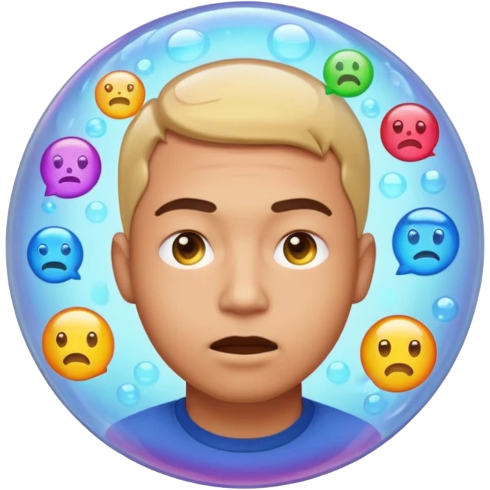 Realistic emoji-style man trapped inside a glowing filter bubble. The bubble contains identical social media icons and repeating content symbols. Outside the bubble are colorful diverse icons he cannot see. The man looks comfortable but unaware, expressing narrow perspective. emoji