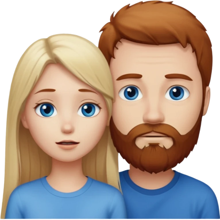 Beautiful, long-straight, pale-blonde-hair blue eyed girl facing a reddish brownish hair and scruffy beard, blue eyed, white male, making out emoji