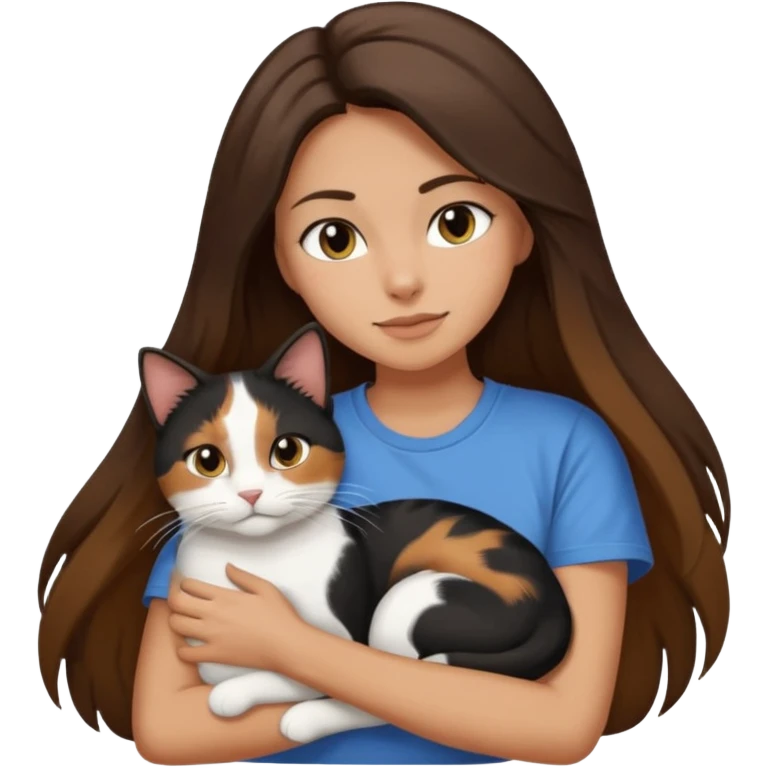 Brunette woman with long hair wearing a tshirt affectionately snuggling black brown and white calico cat emoji