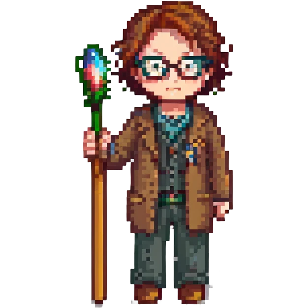 Harry Potter series, pixel art style, Harry with glasses and a wand emoji