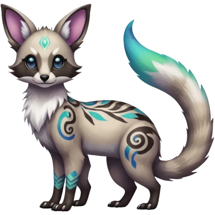 Rare iridescent white exotic epic aesthetic colorful Trico-Eevee-Genet-Civet-species-Fakemon-hybrid-creature, with intricate tattoo markings, full body emoji