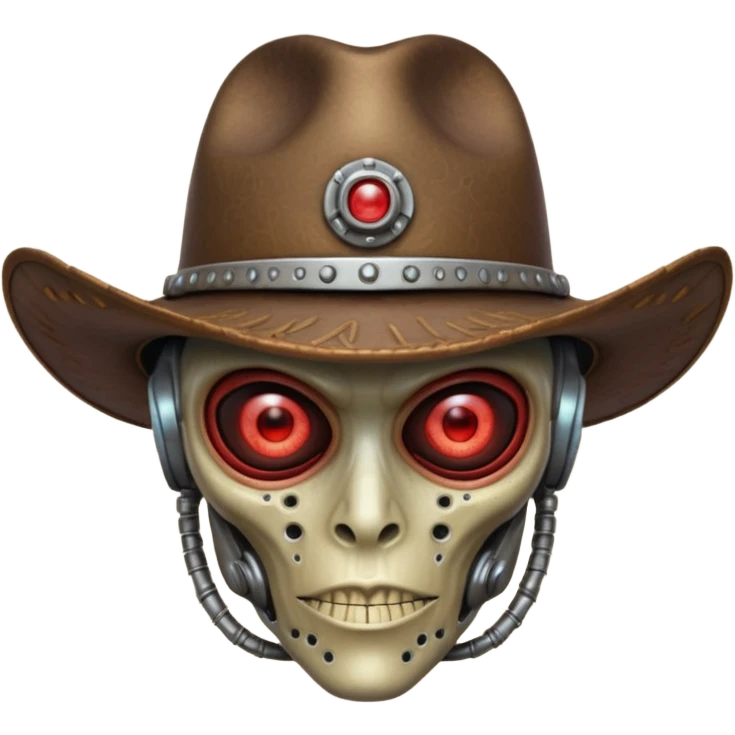 Close-up portrait of a biomechanical alien cowboy, half organic half robotic face, metallic textures blending with alien skin, glowing red eye, futuristic cowboy hat, moody lighting, ultra realistic detail, cyber-western style
 emoji