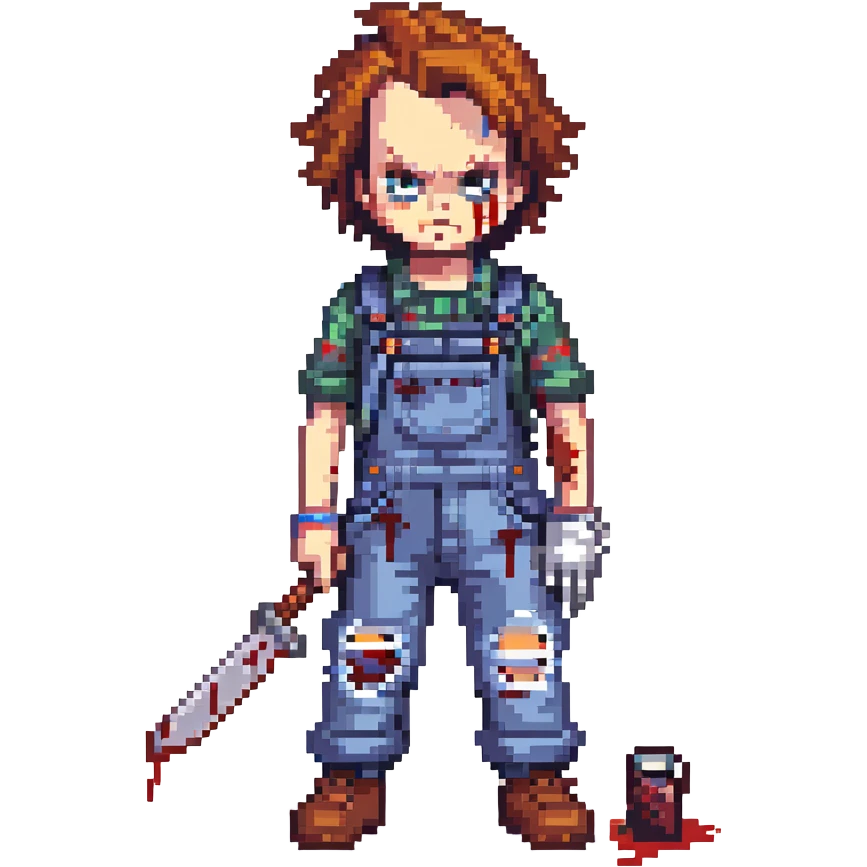 Chucky in overalls, holding a blood-stained knife, menacing pose emoji