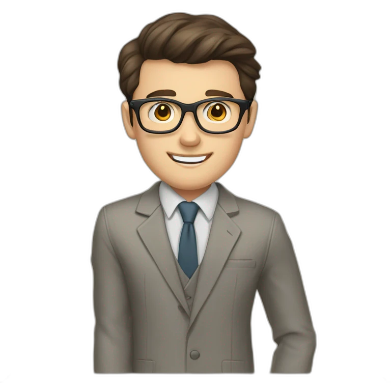 Pale skinned fit man with dark brown hair in gray jacket, beige office shirt, brown tie, brown pants and vintage glasses Writing on the marker board emoji