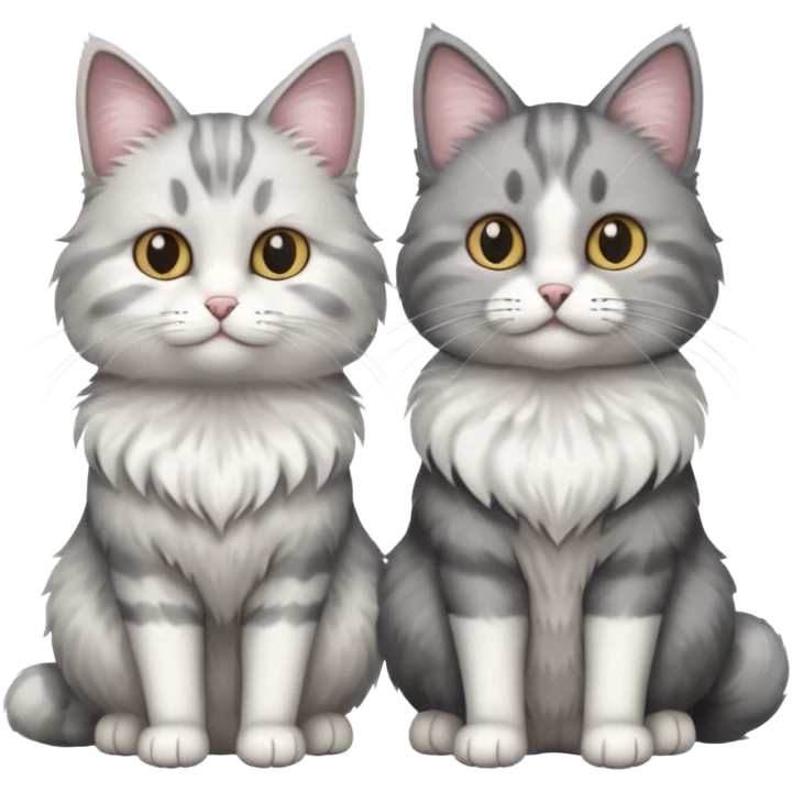 a realistic looking very fluffy grey and white cat sitting next to another cat emoji