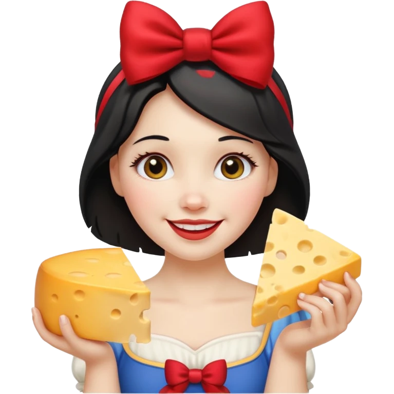  smiling Snow White with red bow ob head holding wedge of cheese emoji