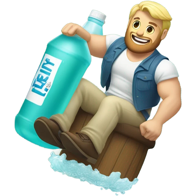 Buff man with blonde short hair and a medium length blonde beard riding on top of a giant bottle of listerine emoji