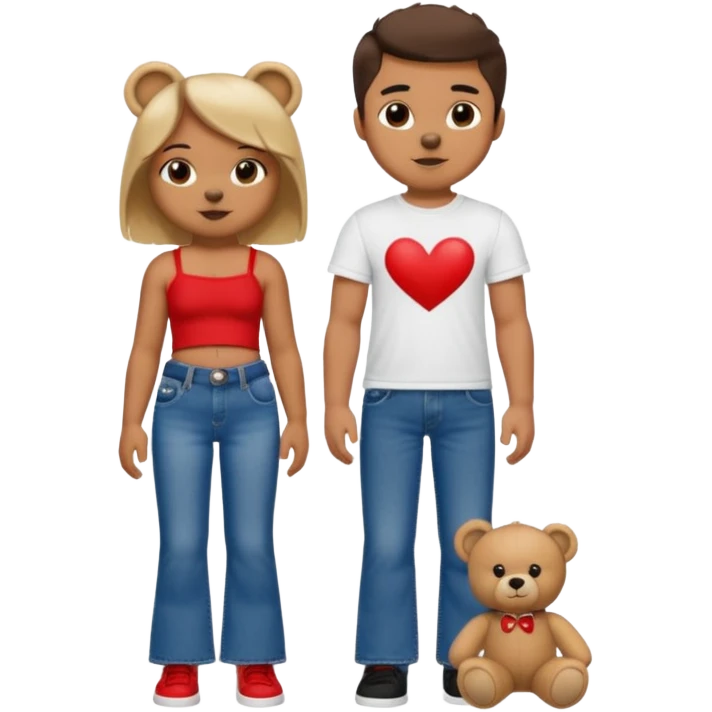 A boy and a girl teddy bear for the boy bear put on true religion shirt and jeans with black shoes and for the girl put flare jeans and a red tube top and white shoes just bears not the humans  emoji