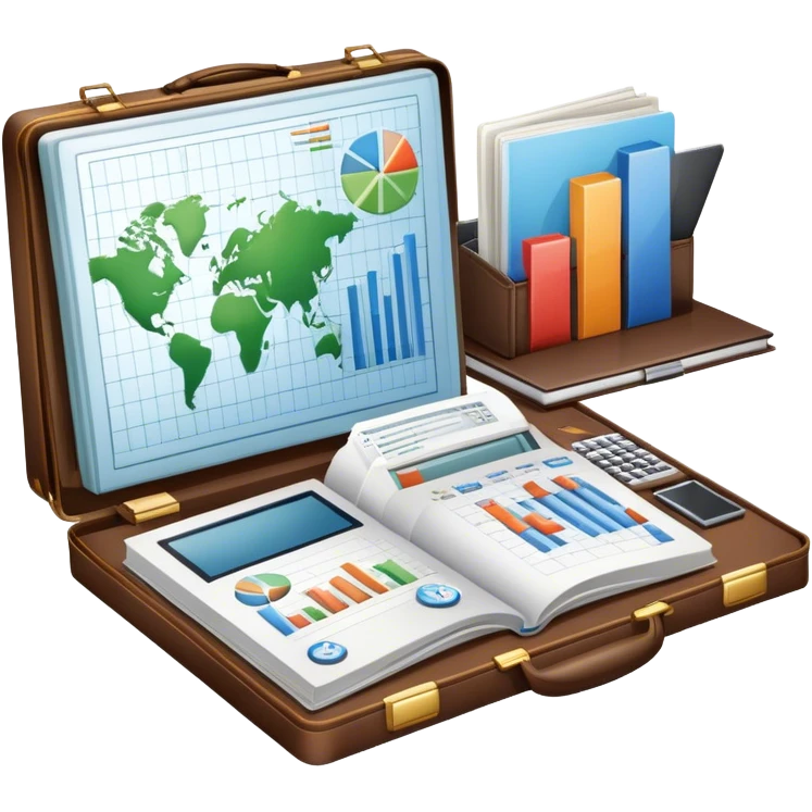 Icon for Business Reading: an open book with a graph and financial charts, a briefcase, a calculator, and a laptop nearby. The icon should represent the world of business, finance, and professional growth. Transparent background. emoji