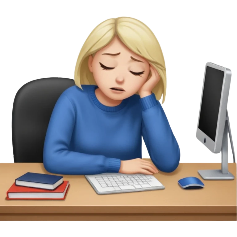 A woman wearing a jumper experiencing burnout, exhausted and overwhelmed, tired eyes, slumped posture, sitting at a desk, iOS emoji style emoji