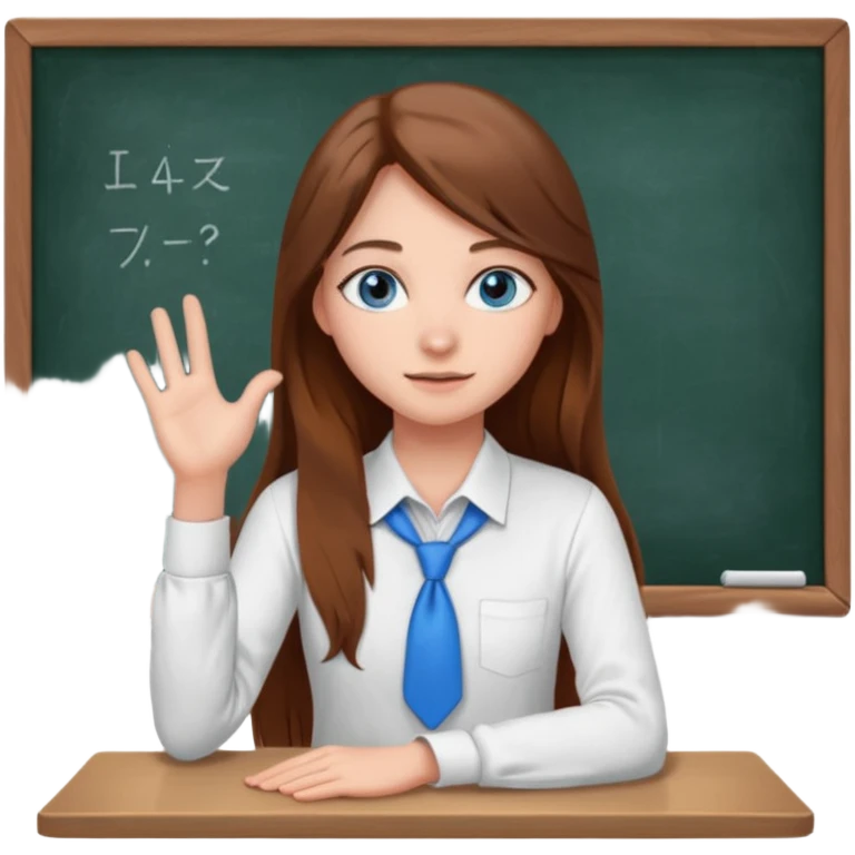 high school class room with a pretty female high school student with long brown hair, blue eyes sitting in front of the blackboard emoji