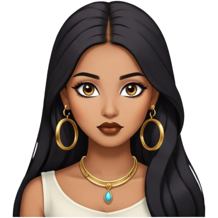 indian girl, brown skin, long black voluminous hair, brown underneath colored hair, baddie,pretty, makeup, lipliner, black eyeliner, gold hoop earrings, white top emoji