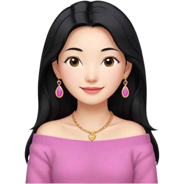 South Korean girl in her mid-thirties with long black hair with a middle part. She is wearing a pink, off the shoulder long sleeve knit sweater, extra small gold earrings and a gold necklace. She has brown eyes with narrow, mono lid shape and smiling with lips together emoji