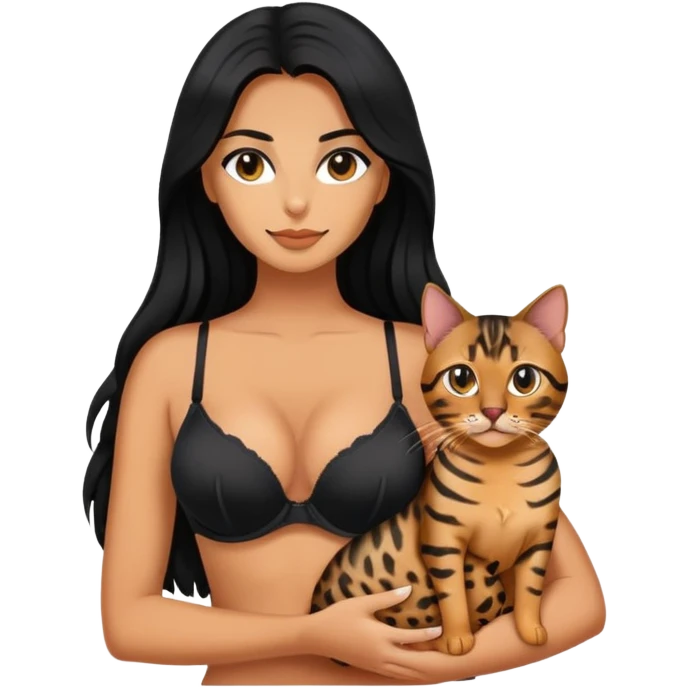 woman holding bengal act, black long hair tanned woman, black bra emoji