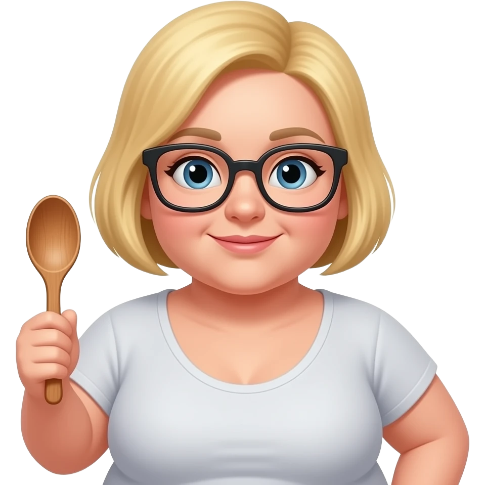 blonde woman, glasses, wooden spoon, buzz cut overweight emoji