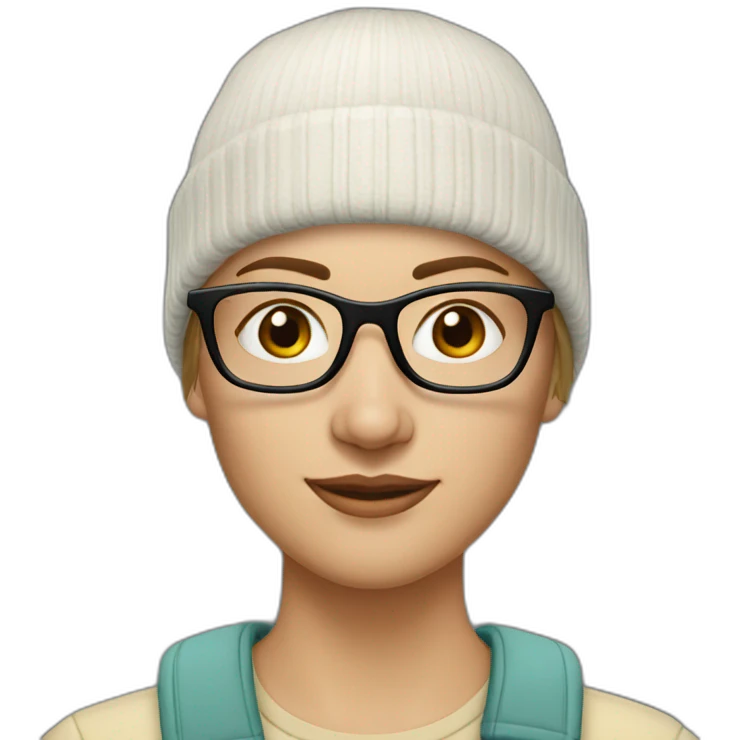 30 year old white woman short straight light brown hair with a beanie on her heard and glasses emoji